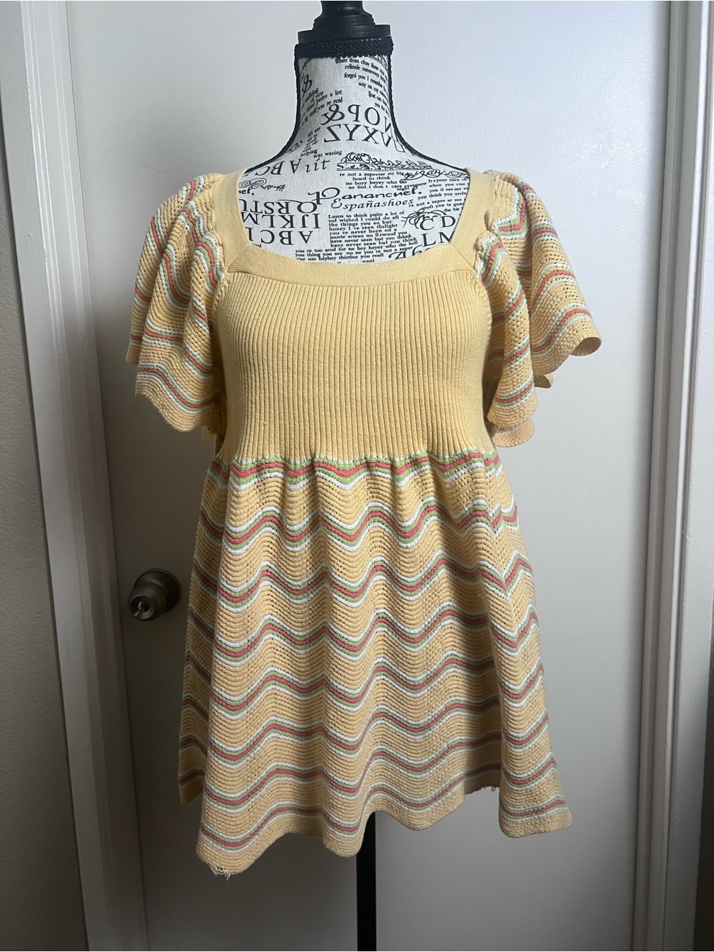K.B. Collections Large Yellow Cotton Knit Babydoll Top Flutter Sleeve Boho